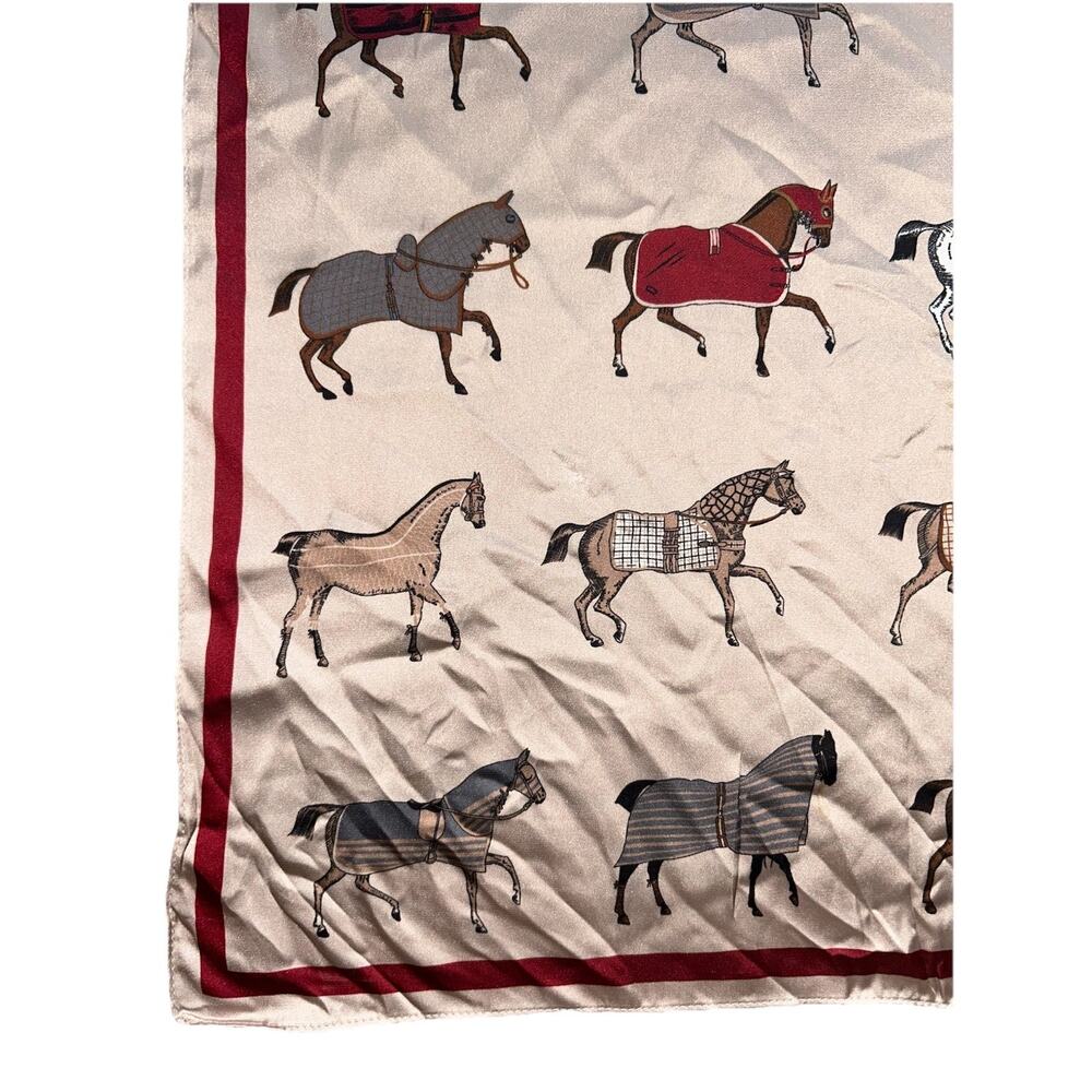 Horses In Blankets Scarf 27" x 27" Square Satin Equestrian Chic Champagne - Picture 4 of 8